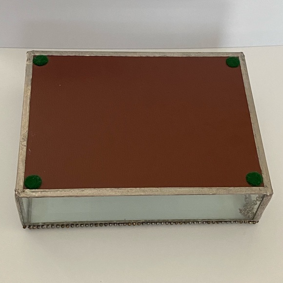 Vintage Jewelry Trinket Box Purple Stain Glass Clear Beveled Mirror Chain Hinged - Picture 12 of 12